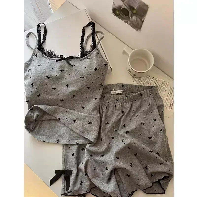 Women's Summer Hot Selling Suspender Sleepwear Home Suit Set with Polka Dot and Chest Cushion Sexy Home Sleepwear Two-Piece Set