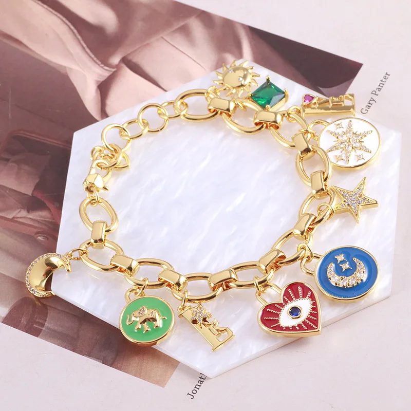 

Enamel Colored Glaze Love Stars Moon Starry Eyes Texture Thick Chain Multiple Pendant Bracelet Female