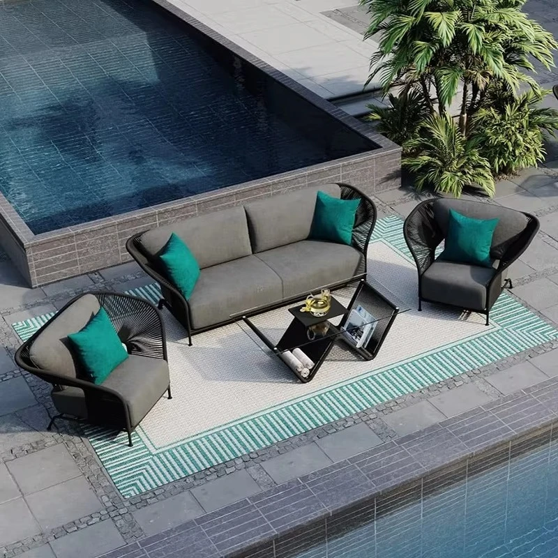 

Hotel Poolside Leisure Modern Outdoor Teak Wood Woven Fire Pit Garden Sofa Set Rattan Aluminum Frame Rope Patio Furniture Set