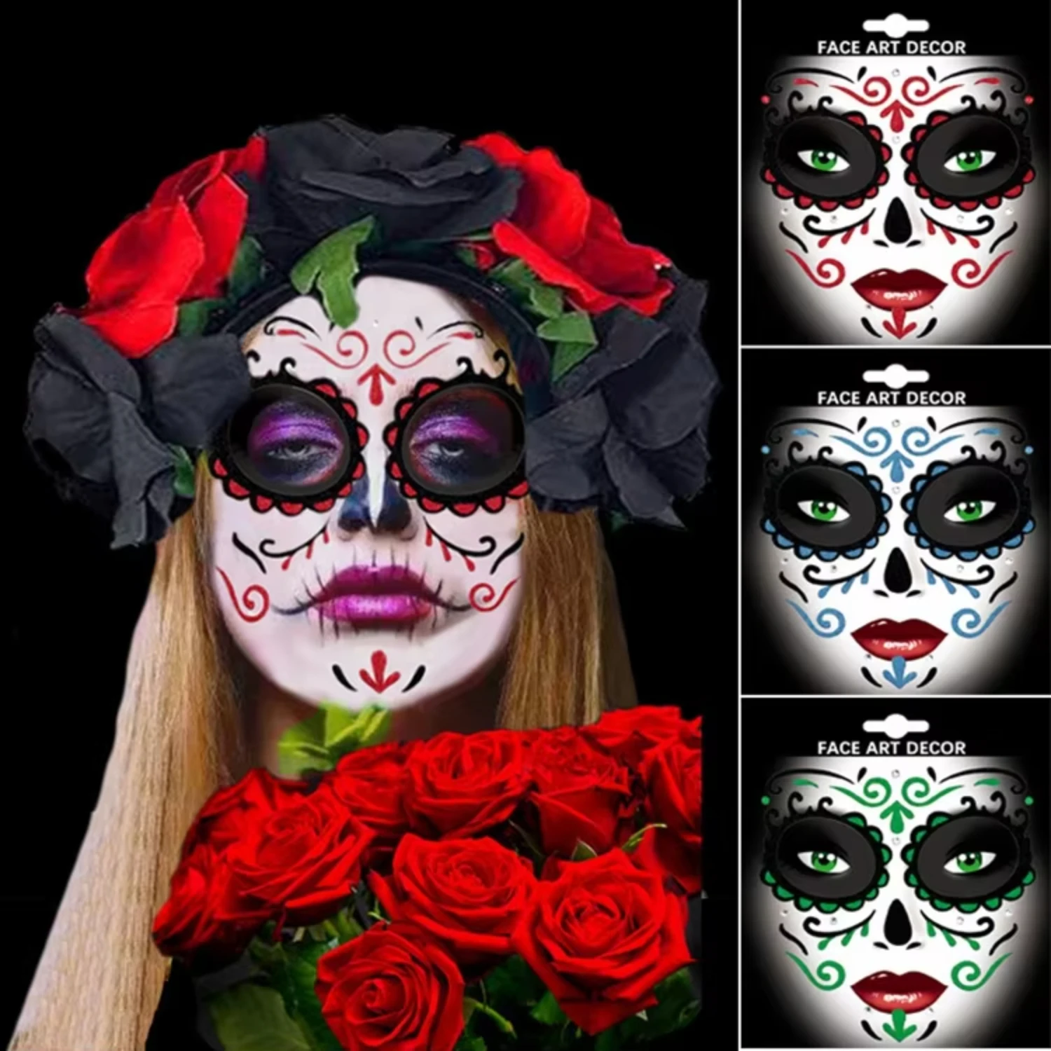 2pcs Halloween Face Tattoo Stickers Day of the Dead Glitter Temporary Tattoos for Women Halloween Wedding Masquerade Parties