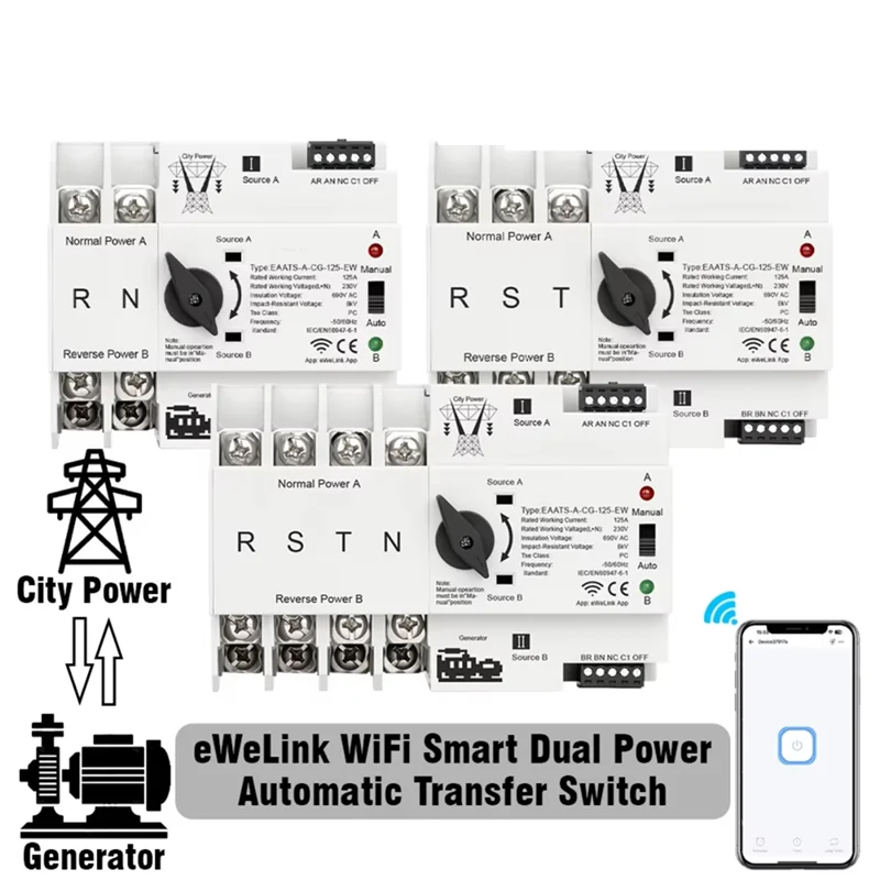 

A25F-Dual Power ATS Ewelink Wifi Smart Automatic Transfer Electrical Selector Switch Uninterrupted Power Supply 125A 4P