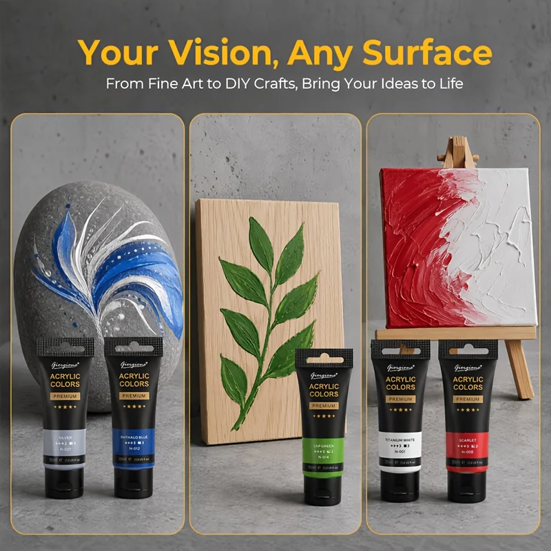 Acrylic Paint 8 Colors 35ml Per Tube, High Concentration Rich Pigment Smooth Creamy Easy‑Blend Pigment, Metallic Gold & Silver Included, for Canvas Rock Wood Stone Ceramic Fabric DIY Crafts Hobby & Professional Artist Painting Art Creation Supplies