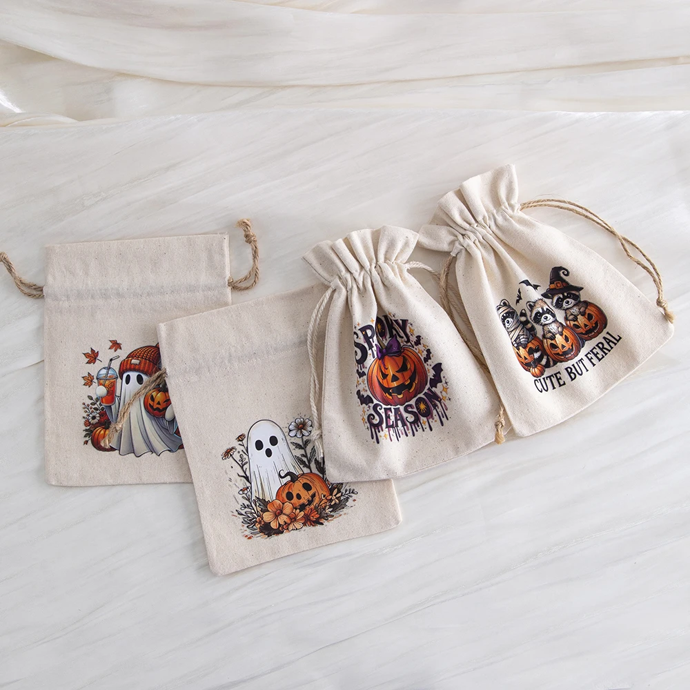 50pcs 9x12cm Happy Halloween Drawstring Cotton Bags Muslin Bracelets Pumpkin Candy Cookies Goodies Packaging Canvas Linen Pouch