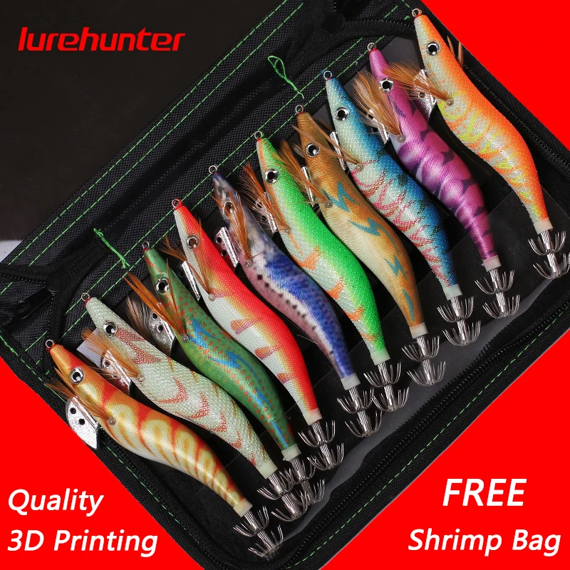 

10PCS with Shrimp Bag 3D Printing 2.5 3.0 3.5 Hook Luminous Squid Jig Fishing Wood Shrimp Lure Squid Cuttlefish Jigs Lures