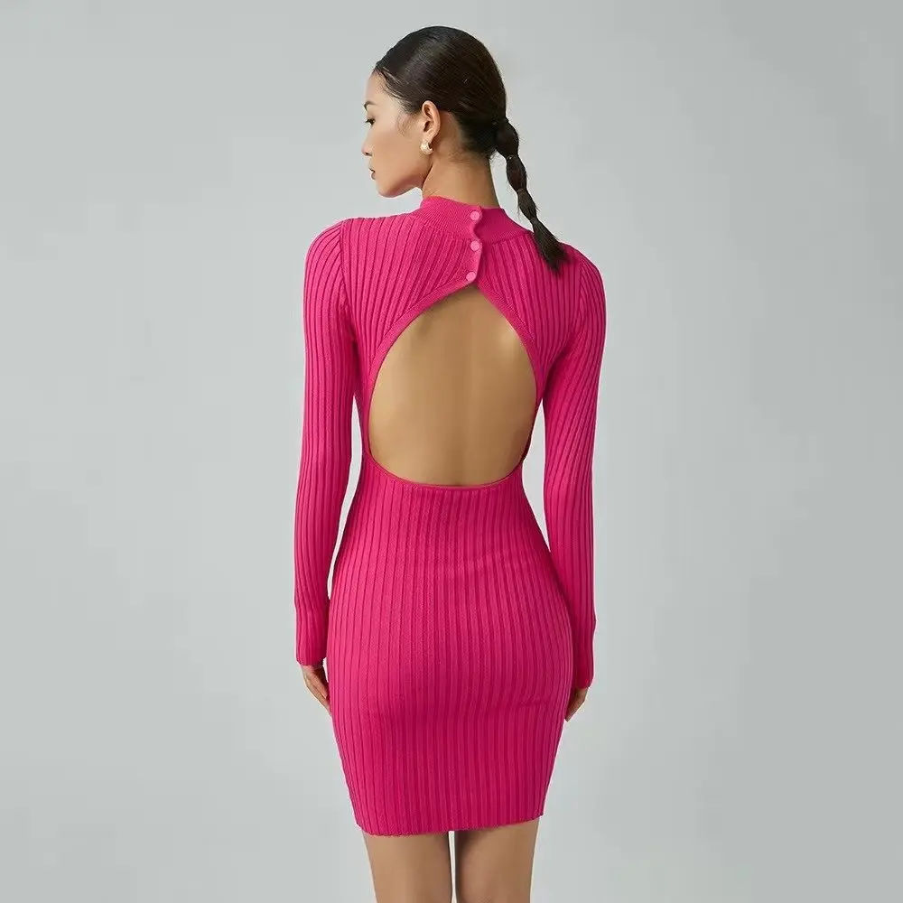 Women Solid Color O-neck Backless Knitted Stretchable Slim Mini Party Dress vestidos de fiesta