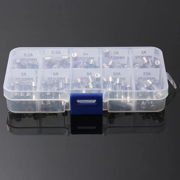 

100Pcs Fast Blow Glass Tube Fuse Kit Assorted Amp 0.2a 0.5a 1A 2A 3A 5A 6A 8A 10A 15A 5x20mm Clear Organizer Glass Kit