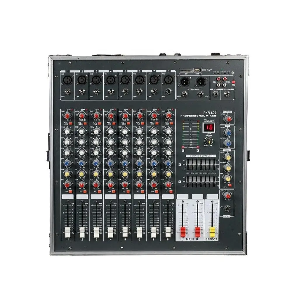 Professional Audio Mixer, 750W Power Amplifier Console with Flight Case, Metal Stage Performance DJ Mixing Desk, 53x45x21.5cm