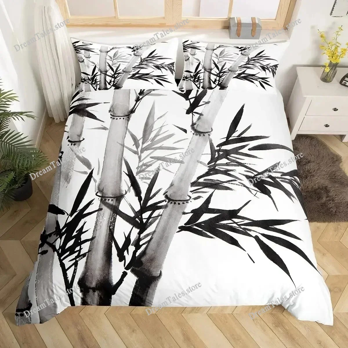 Bamboo Duvet Cover Set Bamboo Branches Bedding Set Tree Print Comforter Cover Fashion Retro Floral Style Quilt Cover Queen Size