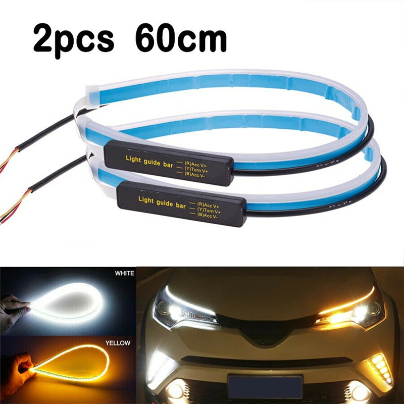 2pcs 30/45/60cm Car LED DRL Daytime Running Light Flow Runs Headlight LED Strip Brake Turn Signal Light Turning Guide Light Bar