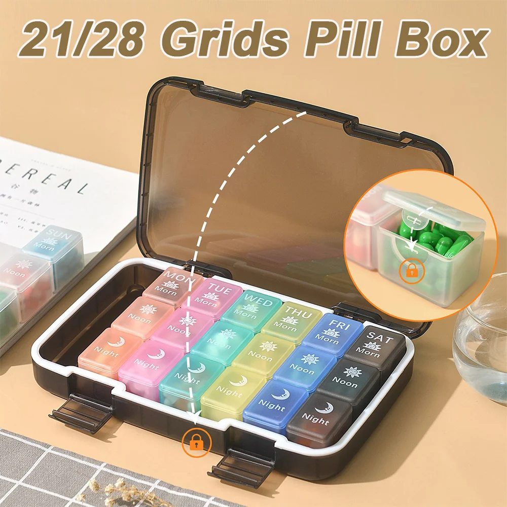 Portable Travel Pill Box 7 Days 21/28 Grids Pill Cases Box Organizer with Large Compartment for Vitamin Medicine Tablet Fish Oil