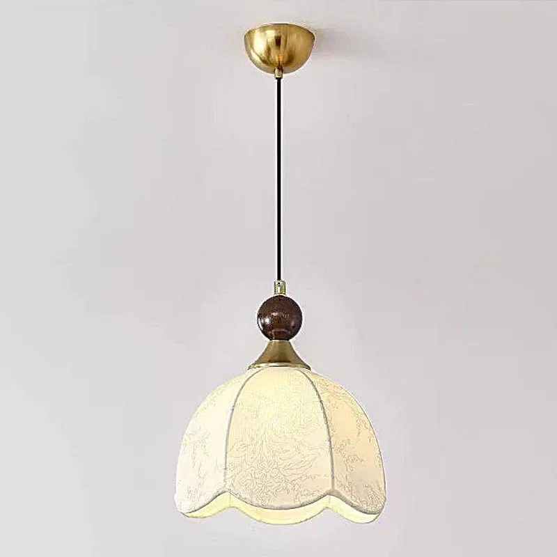 TechHPFrench Medieval Bedroom Bedside Small Chandelier Retro Wabi-Sabi Style Wood Fabric Pendant