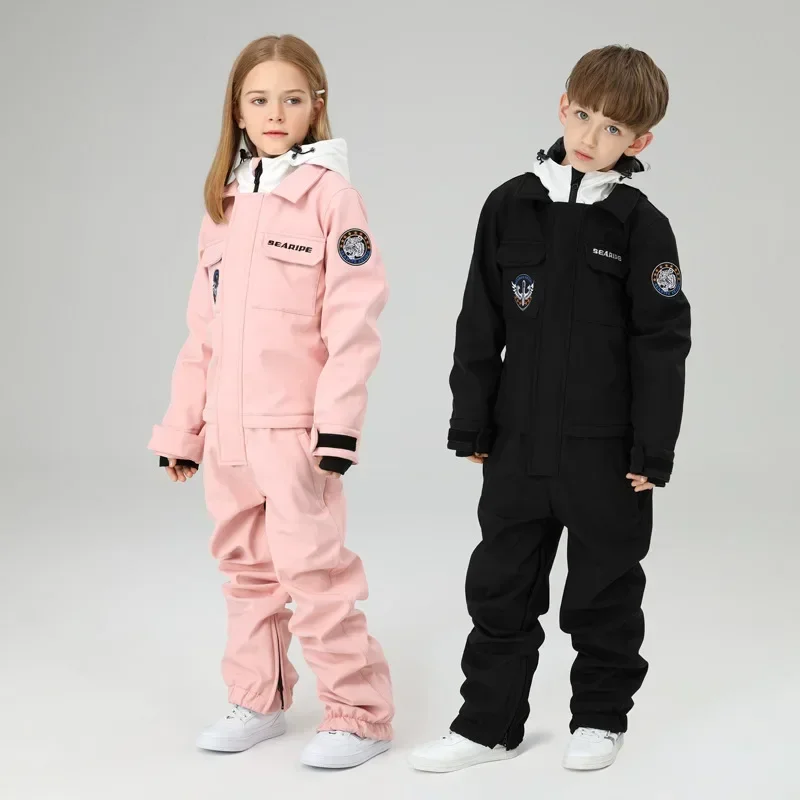 2025 Winter Children Ski Suits Boy Girls One Piece Warm Windproof Waterproof Outdoor Sports Skiing Snowboard Suits Kids Jumpsuit