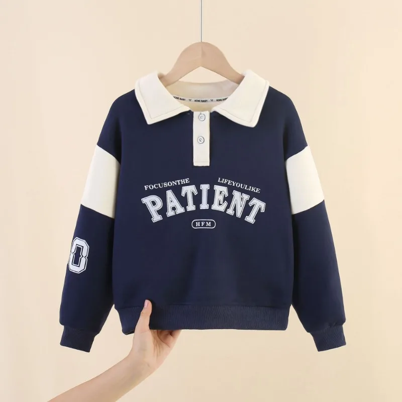 

Autumn and Winter Patchwork Fleece Casual 3-12Y Children's Hoodies Long Sleeved Turndown Collar Boys Sweatshirt