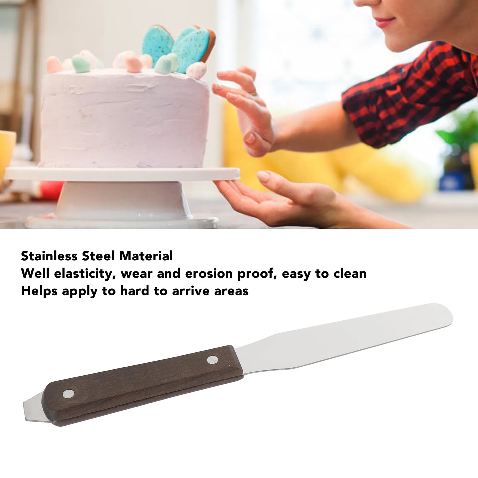 ملعقة تزيين مستقيمة من الفولاذ المقاوم للصدأ بمقبض خشبي ملعقة تزيين الكيك ملعقة صقيع للخبز ملعقة تزيين مستقيمة #5