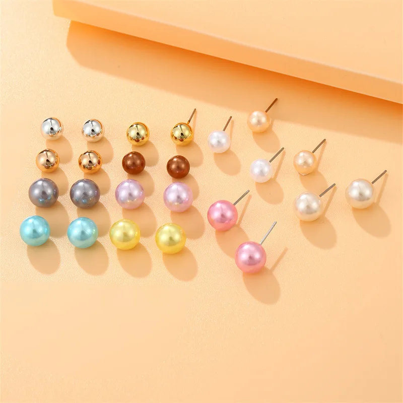 12Pair/set Simple Colorful Imitation Pearl Stud Earrings For Women Round Ball Earring Set Ear Studs Jewelry Party Brincos Bijoux