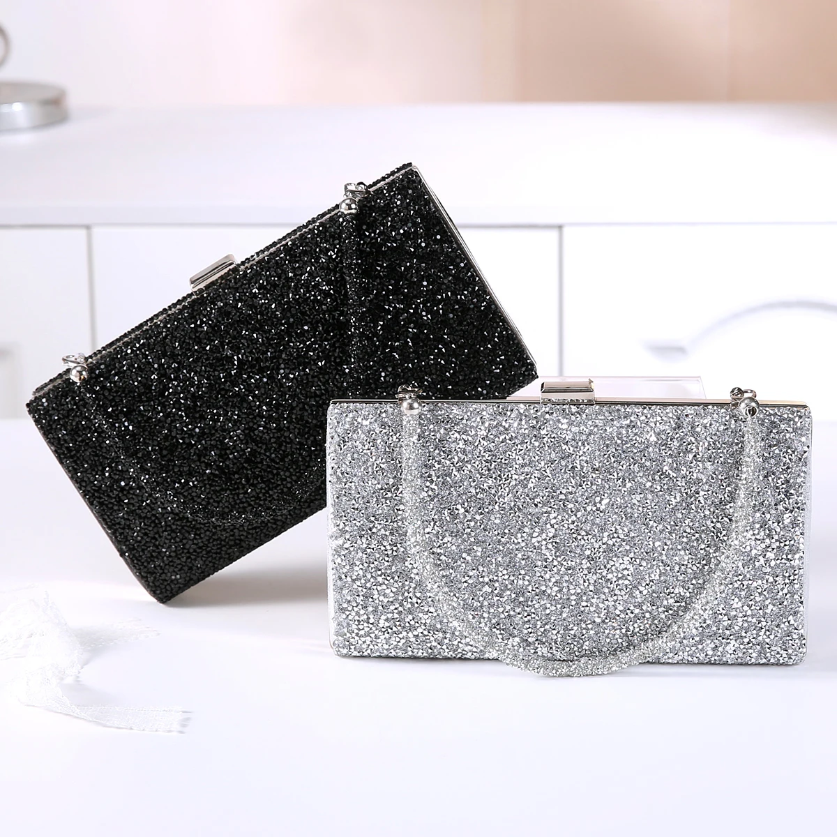 Fashion Designer Women Evening Bag Rhinestone Silver Gold Clutches Ladies Banquet Wedding Dinner Long Purse Female Handbag