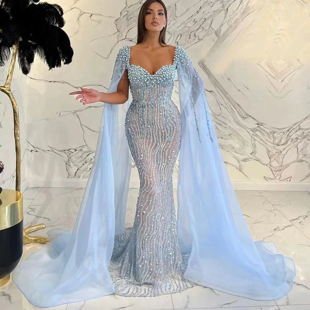 Fairytale Arabic Luxury Beaded Mermaid Prom Dress Cape Sleeves Dubai Blue Evening Dresses Lace Beaded Long Prom Gowns