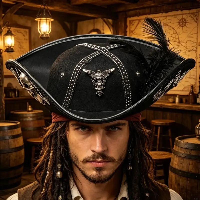 Klassischer schwarzer Piratenhut mit Zierbesatz, Piratenhut für Erwachsene, perfekt für Halloween-Verkleidung und Y08E – Detail 5