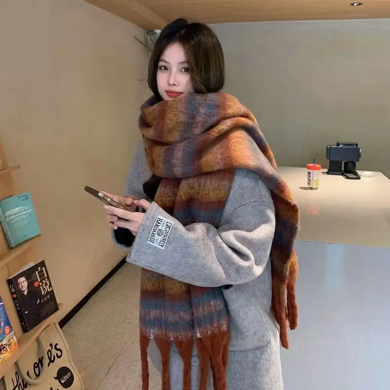 Rainbow Stripe Scarf for Women, Colorful Plaid Wrap, Soft Chunky Knit Scarf, Retro Y2K Fashion Scarf, Cozy Winter Accessory