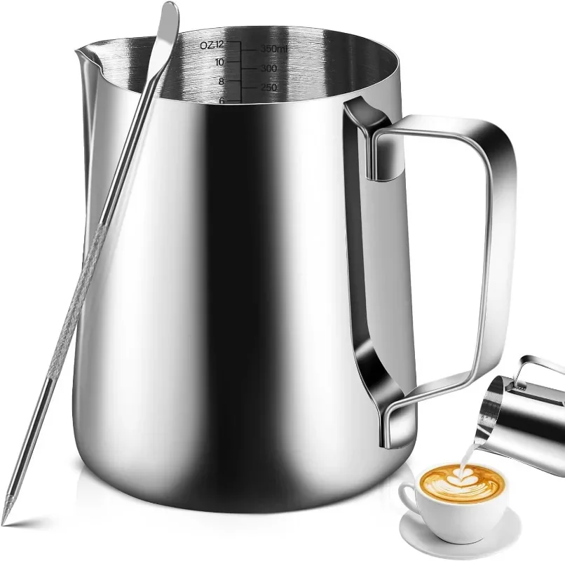 350 ml/600 ml (12 Unzen/20 Unzen) Milchaufschäumer Dampfkanister Edelstahl Kaffee Latte Art Milchkaraffe Tasse mit Kunststift, 12 Unzen