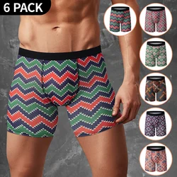 6 Pcs men's fashion print sports long boxer briefs comfortable and breathable stretch shorts plus size beach underwear for teen