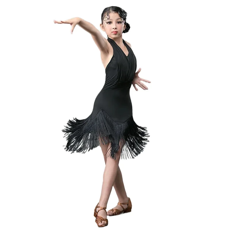 

Girl Latin Tassel Dance Dress Ballroom Children Dance Costume Salsa Black Red Tango Dresses Dancing Stage Performance Clothing