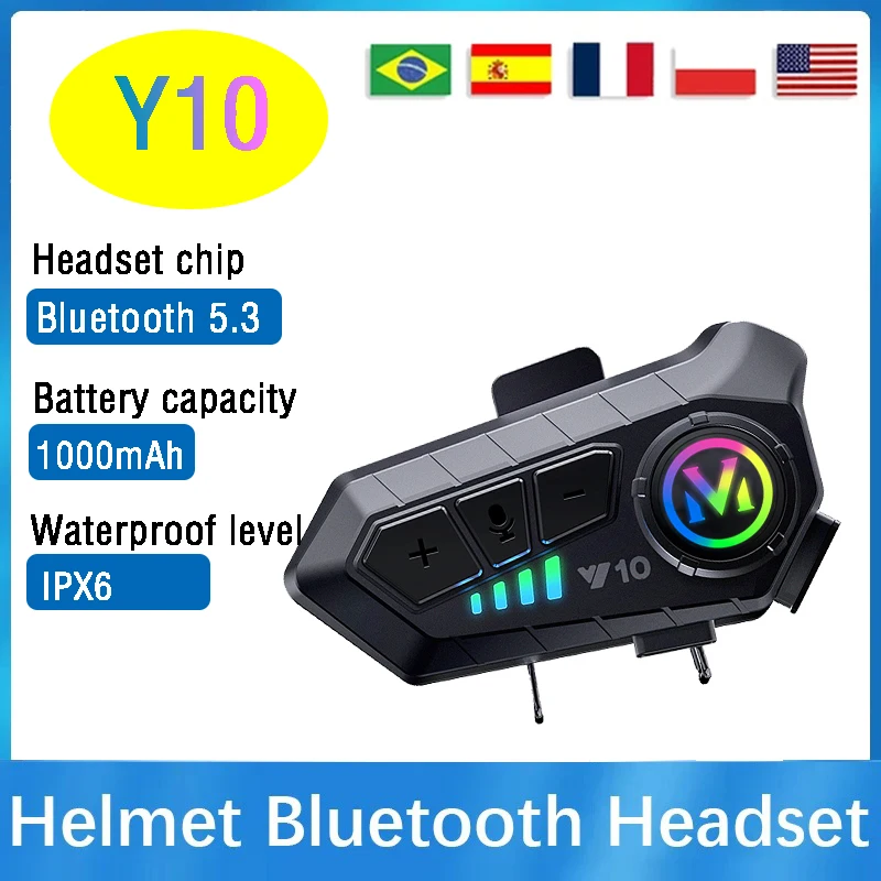 Y10 Motorcycle Helmet Bluetooth Headset Wireless Hands-free 1000mAh Super Long Standby Earphone IPX6 Waterproof MP3 Player