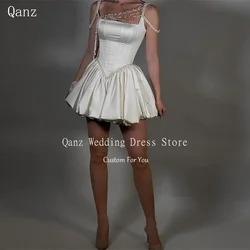 Qanz Abito da sposa moderno Coda staccabile Cinghie per spaghetti Abiti Da Sposa Breve raso Nappe di perle Robe De Mariee Personalizzato