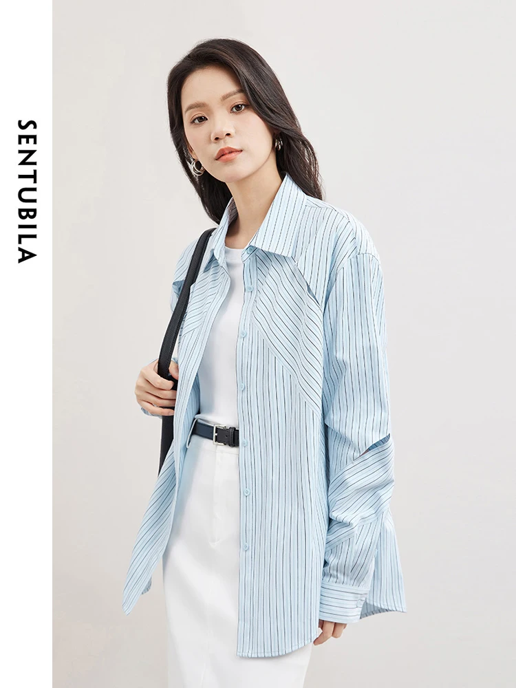 SENTUBILA Irregular Striped Women\'s Blouse 2024 Spring Hollow Out Casual Button Up Polo Collar Long Sleeve Shirts Tops 141C53285