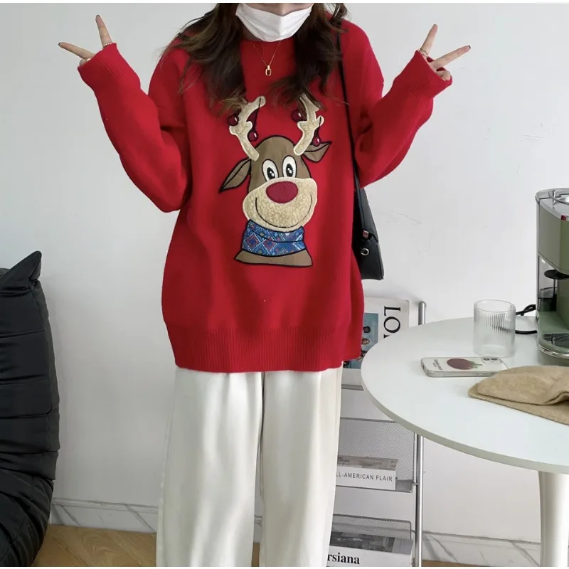 Deer Christmas Pullover Sweater Sweet Gentle Temperament Versatile Autumn Winter Women\'s Lazy Style Loose Knit Sweater Top