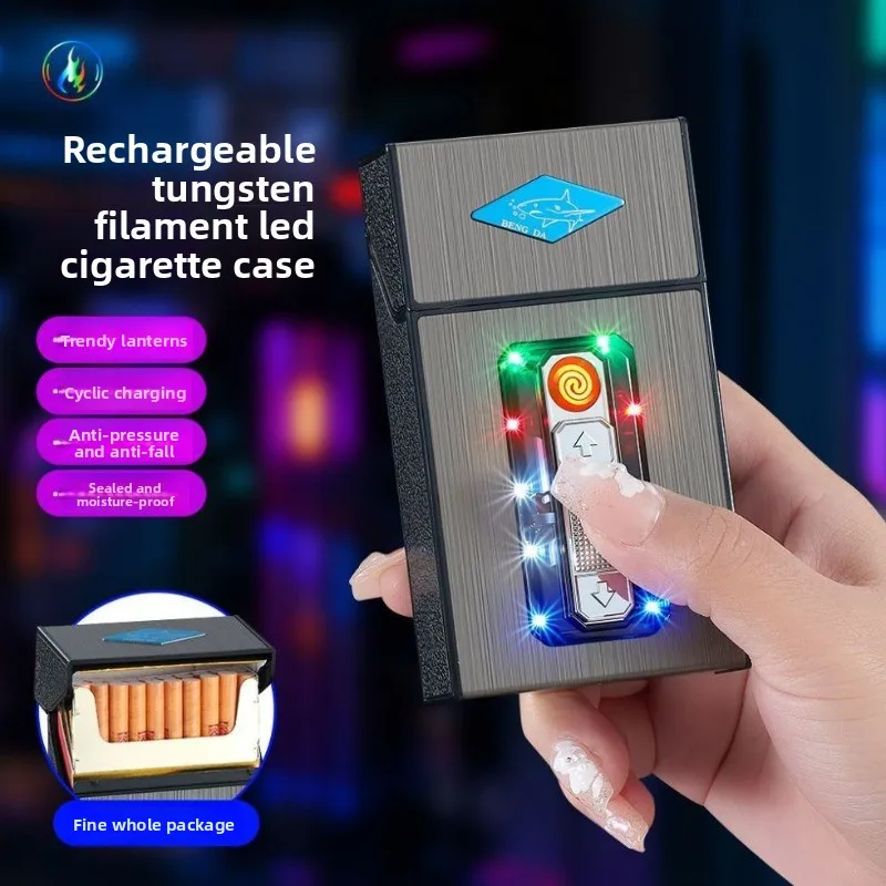 New Slim USB Rechargeable Cigarette Case 20 Capacity Integrated Tungsten Ignition Colored Lights Outdoor Moisture-proof Lighters