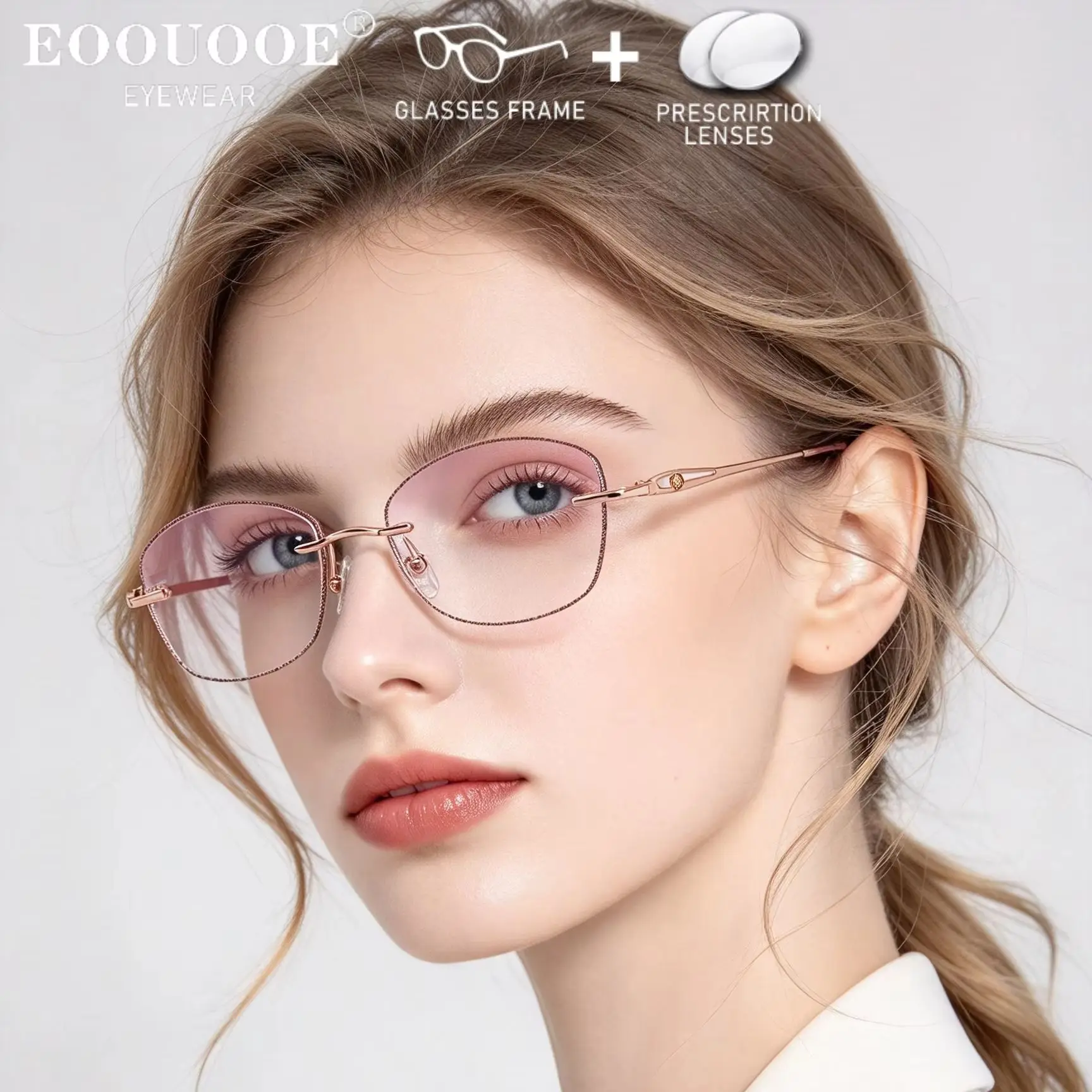 Women Rimless Glasses Lnlaid Powder Flash Fashion Glasses MR-8 Scratch-Resistant Lenses Prescription Myopia Recipe Progressive