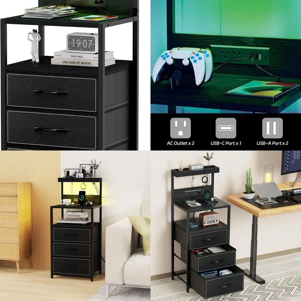 

Современная черная светодиодная тумбочка с зарядным портом, тумбочка-комод с 3 ящиками и светодиодной подсветкой, приставной столик с 3 полками и Hoo