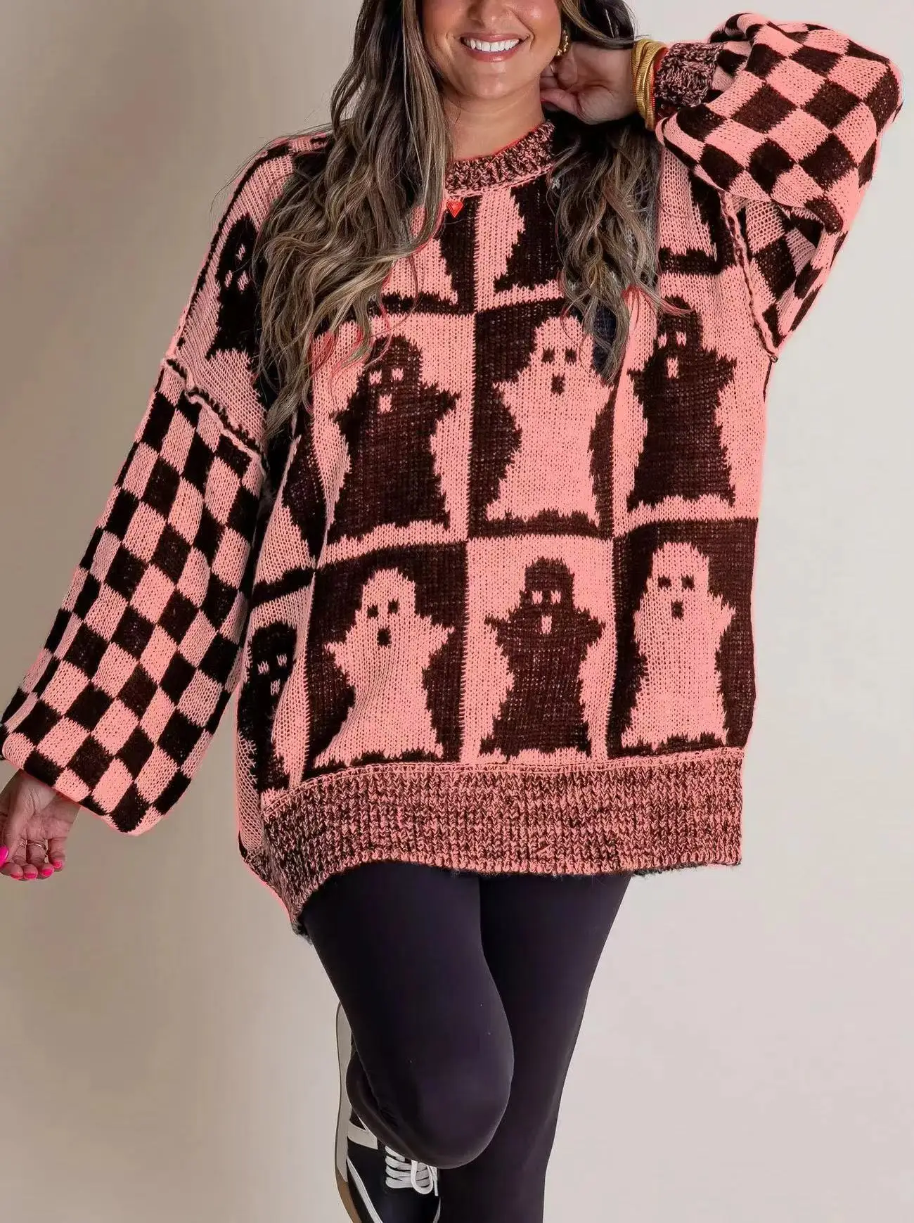 2024 Hot Sale Halloween Knit Sweater Ghost Checked Loose Autumn/Winter Europe And America Newwomen'S Clothing Pullover O-Neck