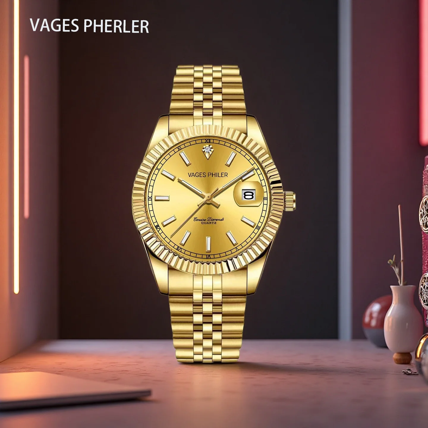

VAGES PHERLER Мужские часы; часы люксового бренда; кварцевые часы с календарем из нержавеющей стали.