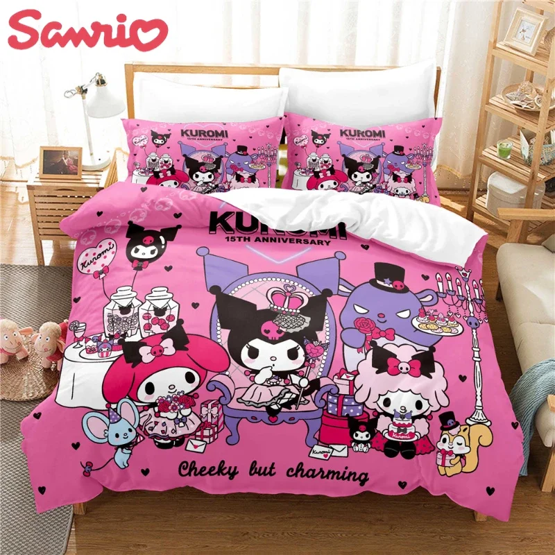 Śliczne nadruk kreskówkowy zestawy pościeli Kawaii moja melodia Kuromi Hello Kitty 3D nadruk poszewka na kołdrę urocza kreskówka kapa na kołdrę