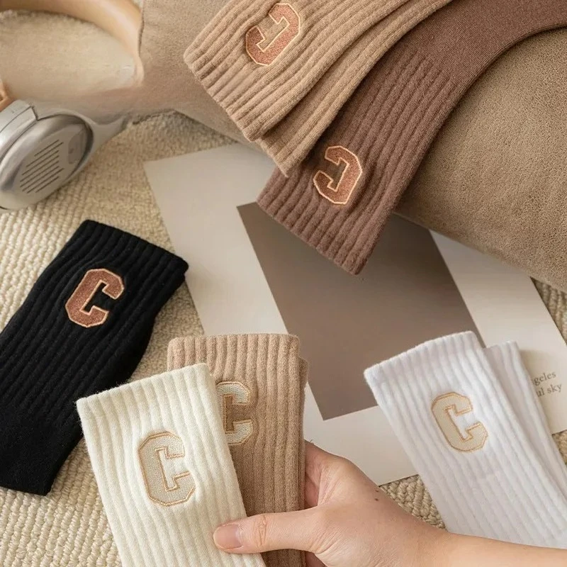 1 Pair Cotton Mid-calf and Long Socks for Women Embroidered Letter Sports Long Socks Suitable for Versatile Spring Autumn Sports