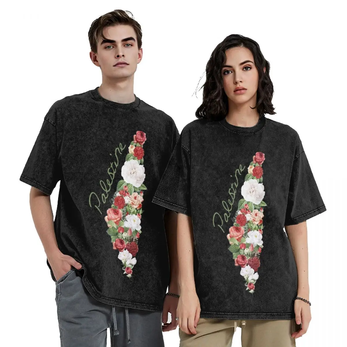 Palestinian Palestine Flower Washed T Shirts Streetwear  T-Shirts Tees Tops Men Women Short Sleeve Oversize Summer