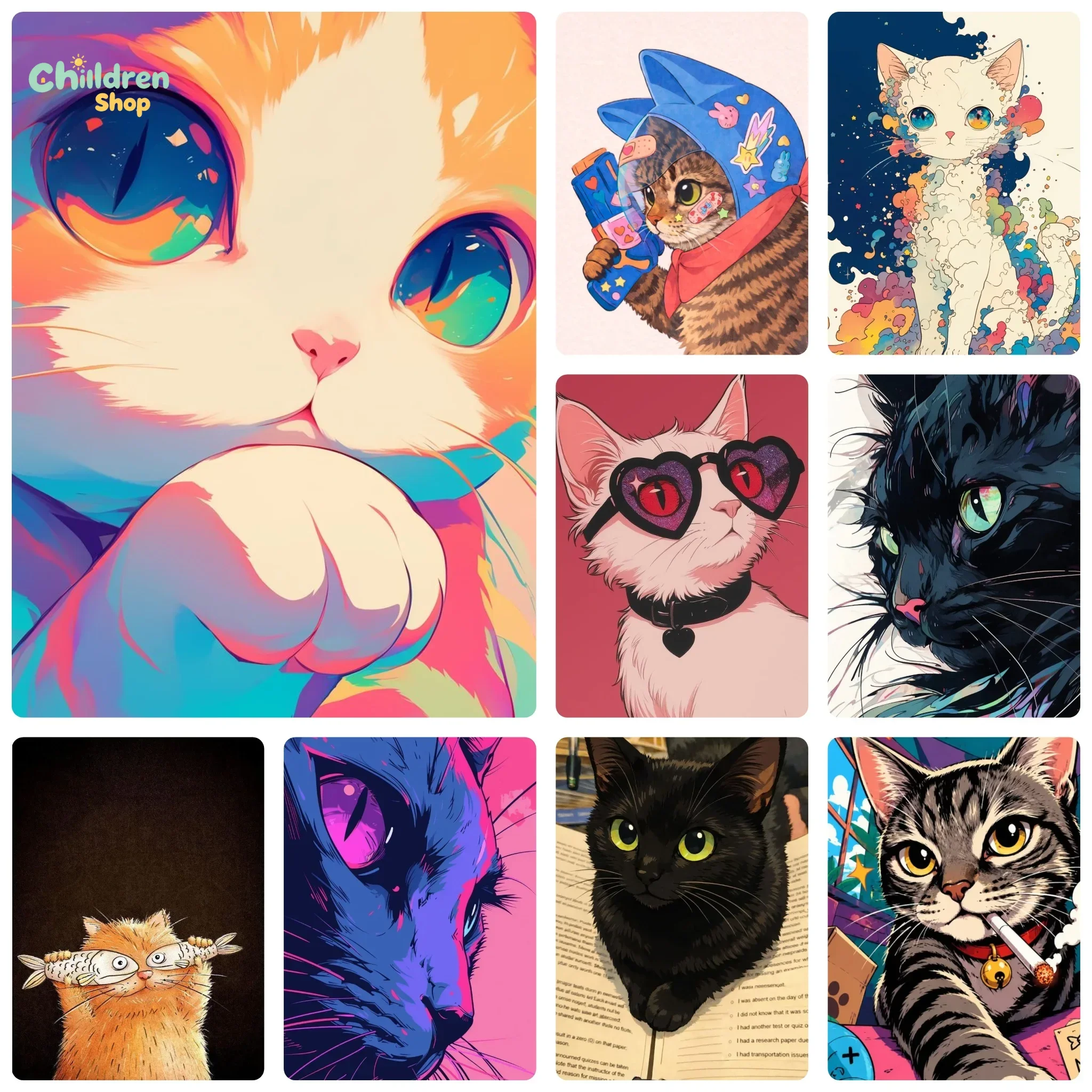 DIY Colorful Cartoon Cute Cats Variety Pet Art Diamond Painting Mosaic Handmade Art Exquisite Home Decoration,No Frame