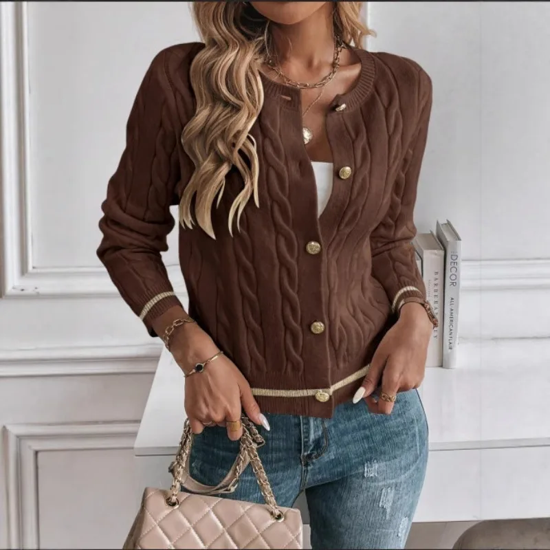 

2025Autumn New Style Women's Knitted Short Cardigan Sweater Solid Color Casual Long Sve Top