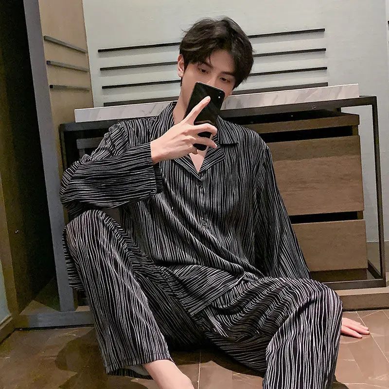 

Mens Pajamas Silk Spring Pijama Hombre Long-sleeved Loose Oversized Turn-down Collar Sleepwear Pajama Set 2pcs Piue Size