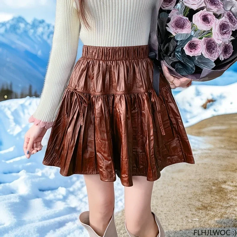 Retro Fake Leather Pu Skirt Elastic High Waist A Line Retro Japan Girls Women Solid Fashion Bow Tie Sponge cake Layer Skirts