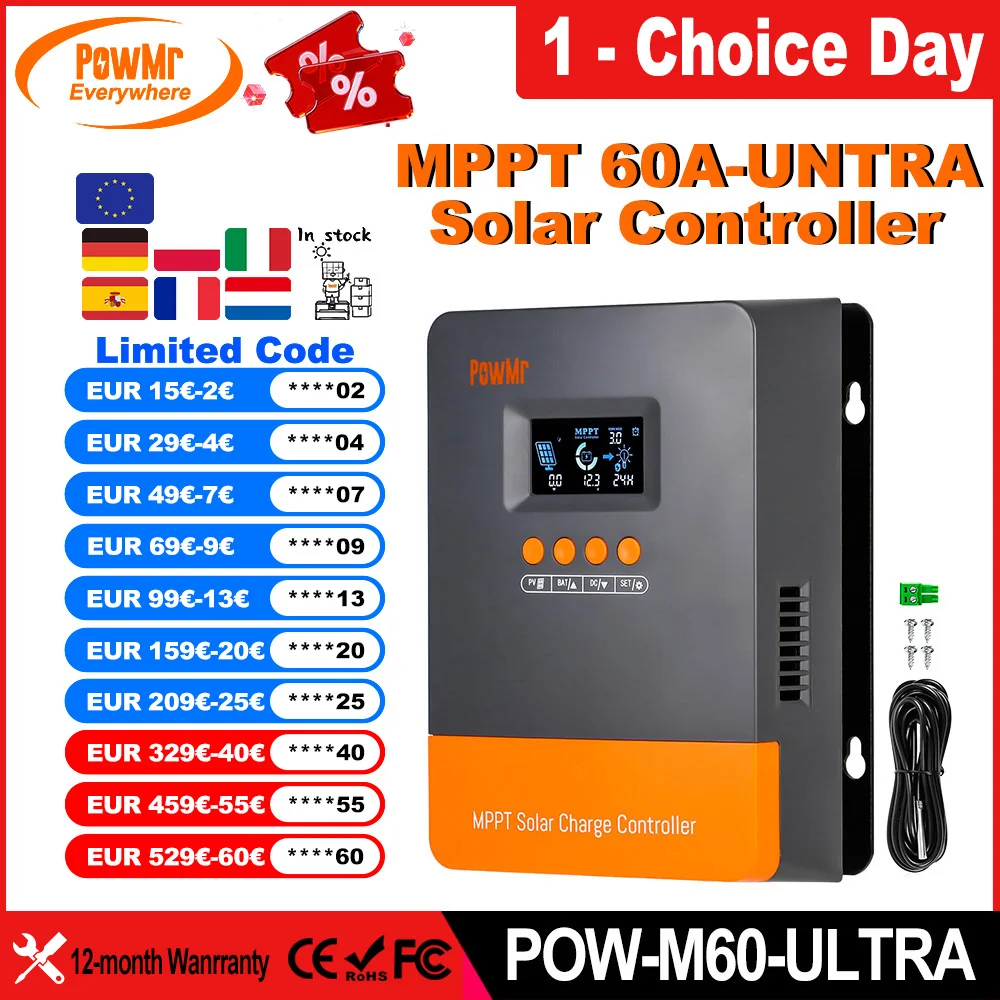 PowMr EU MPPT 60A Solar Laderegler 12V 24V 36V 48V Plus DSP Regler Arbeit für Lifepo4 Batterie V Solar Panel