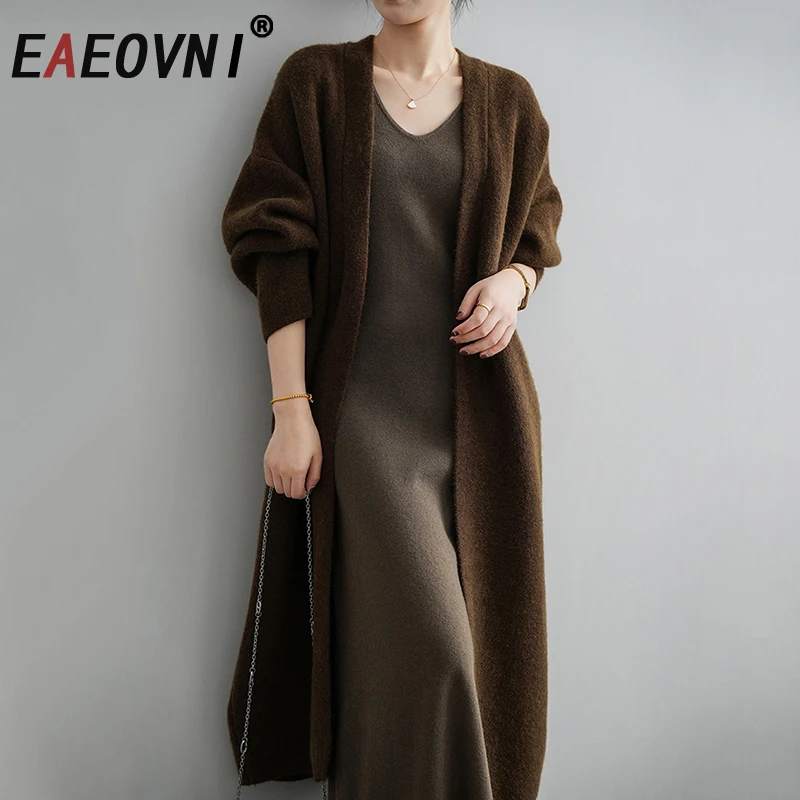 EAEOVNI مزاجه محبوك سترة طويلة سترة المرأة بلون فضفاض تنوعا الخريف الشتاء سترة جديدة 2025 الملابس #1