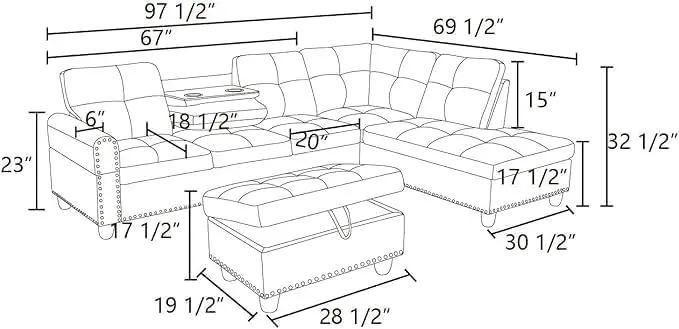 Sectional Sofa Couch Modern 4-Seaters Living Room Furniture Sets Chaise Lounge Ottoman &2 Pillows |L Shape Couch | Light Gray