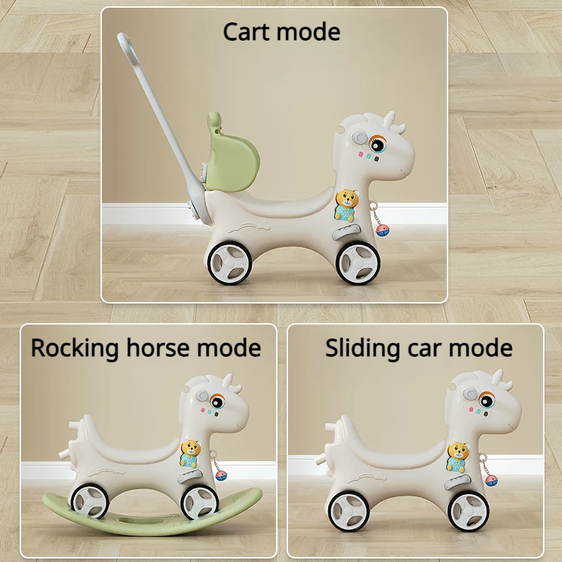 2 in 1 Kids Rocking Horse with Push Handle Seat Belt Music Rocker Toys Balance Bike Enlarge Soft Seat Wooden Horse Baby Stroller