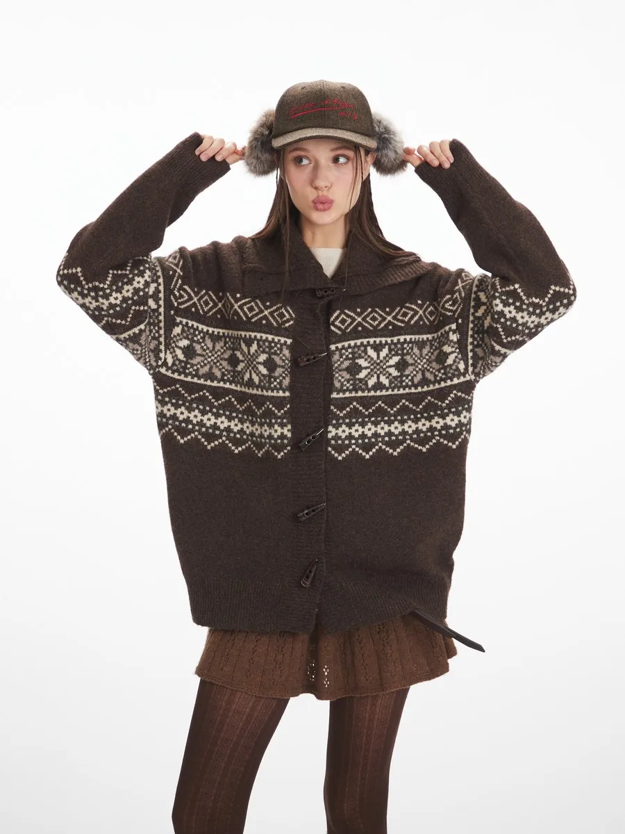 

Asymmetrical Collar Retro Horn Button Thick Cardican Sweaters Coats Trending Knitted Women Girls' Winter Clothes Large Knitwear