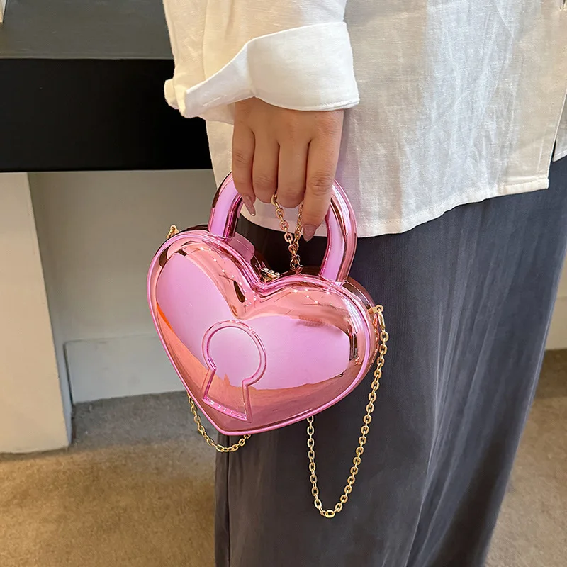 Colorful Bright Acrylic Plastic Bag Lady Love Lock Shape Wedding Party Handbag Pink Gold Clutches Purse Women Top Handle Bags