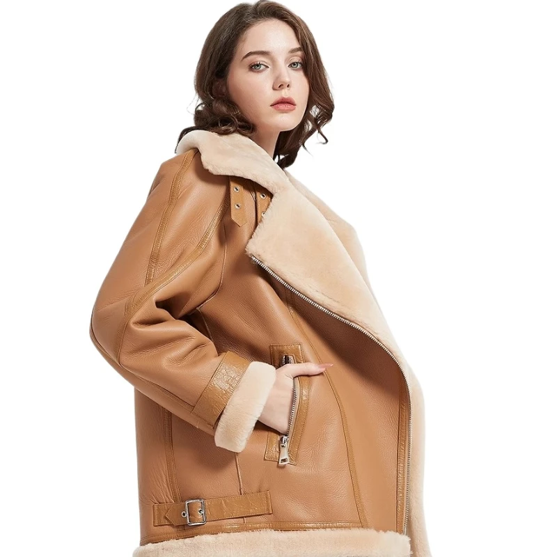 Lamb Fur Coat Women's Winter New Motorcycle Suit High-necked Genuine Leather Jacket Women Real Leather Coat Khaki Color