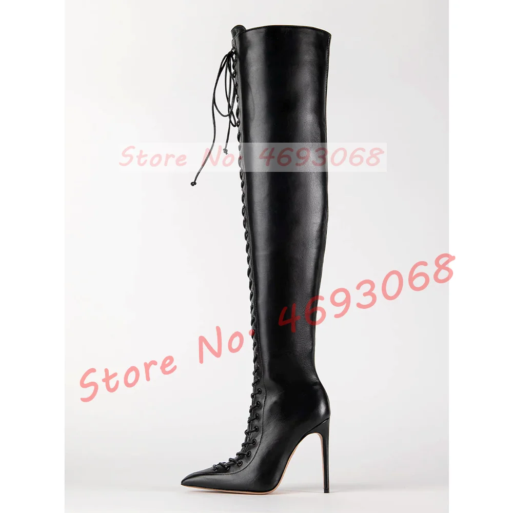 Black Front Cross Tied Over Knee Boots Women Sexy Pointy Toe Winter Haute Couture Shoes Female Matte Leather New Slim Tall Boots